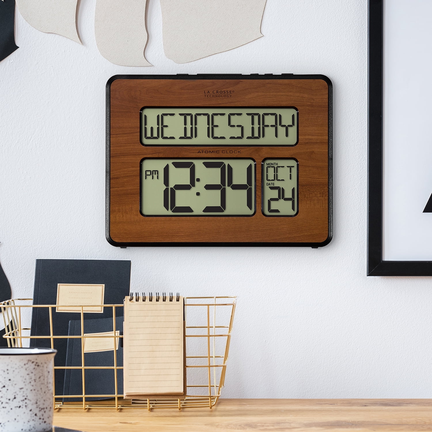 La Crosse Technology Digital Wall Clock with Calendar and Indoor Temperature, Walnut, 513-1419-WA