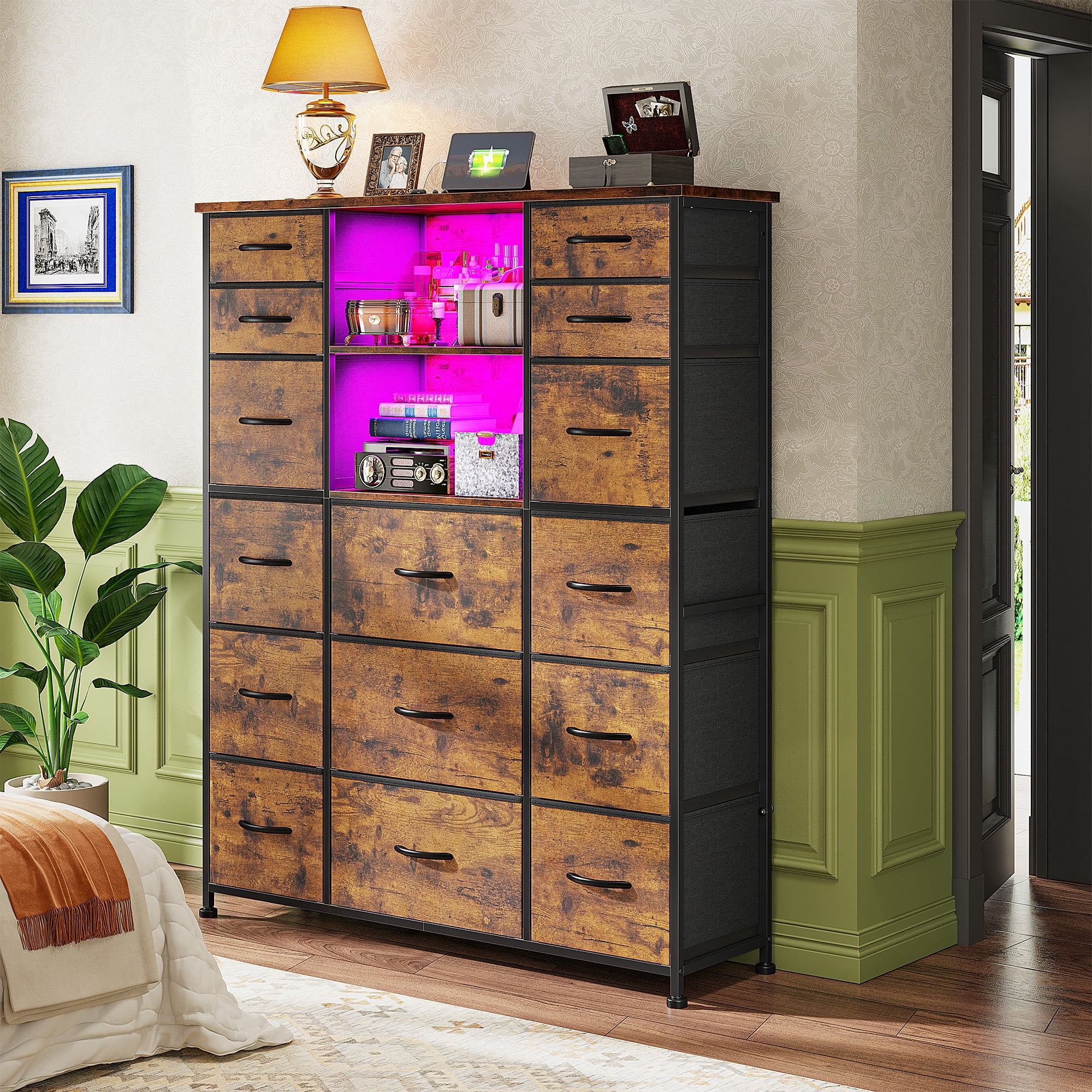 Romorgniz 51" H Dresser with 15 Fabric Drawers Tall Dresser for Bedroom with Charging Station & LED Lights, Rustic Brown