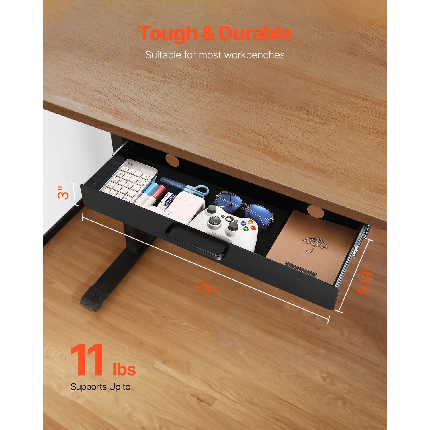 KFFKFF 22" Broad Under Desk Drawer Glide, Mounted Beneath Desk Pull-out Drawer Accessory,Concealed Desktop Storage Solution,Under Table Stationery Drawer for Home Office Sit Stand Workspace,25x9x3 in
