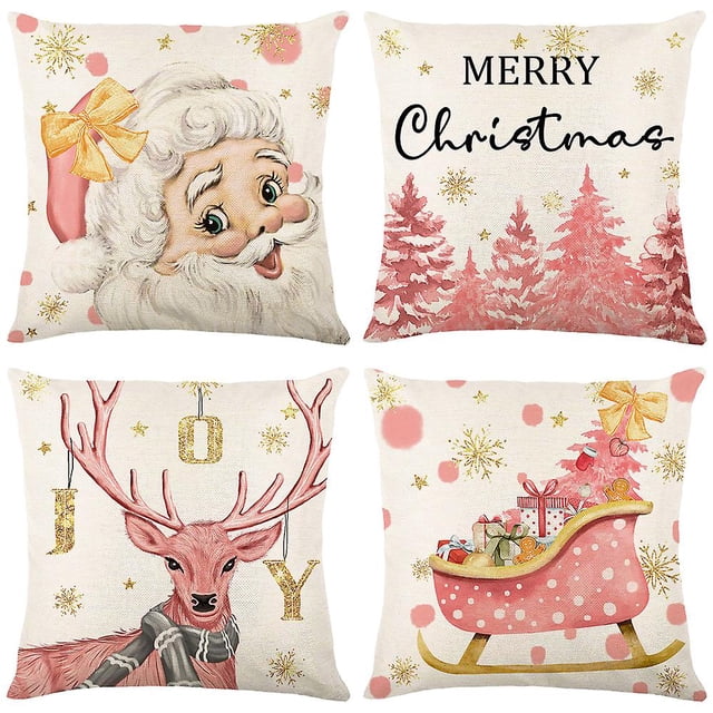 Fundas de Almohada TANGJMXG 4 Piezas Navideñas Rosas 18 x 18 Pulgadas