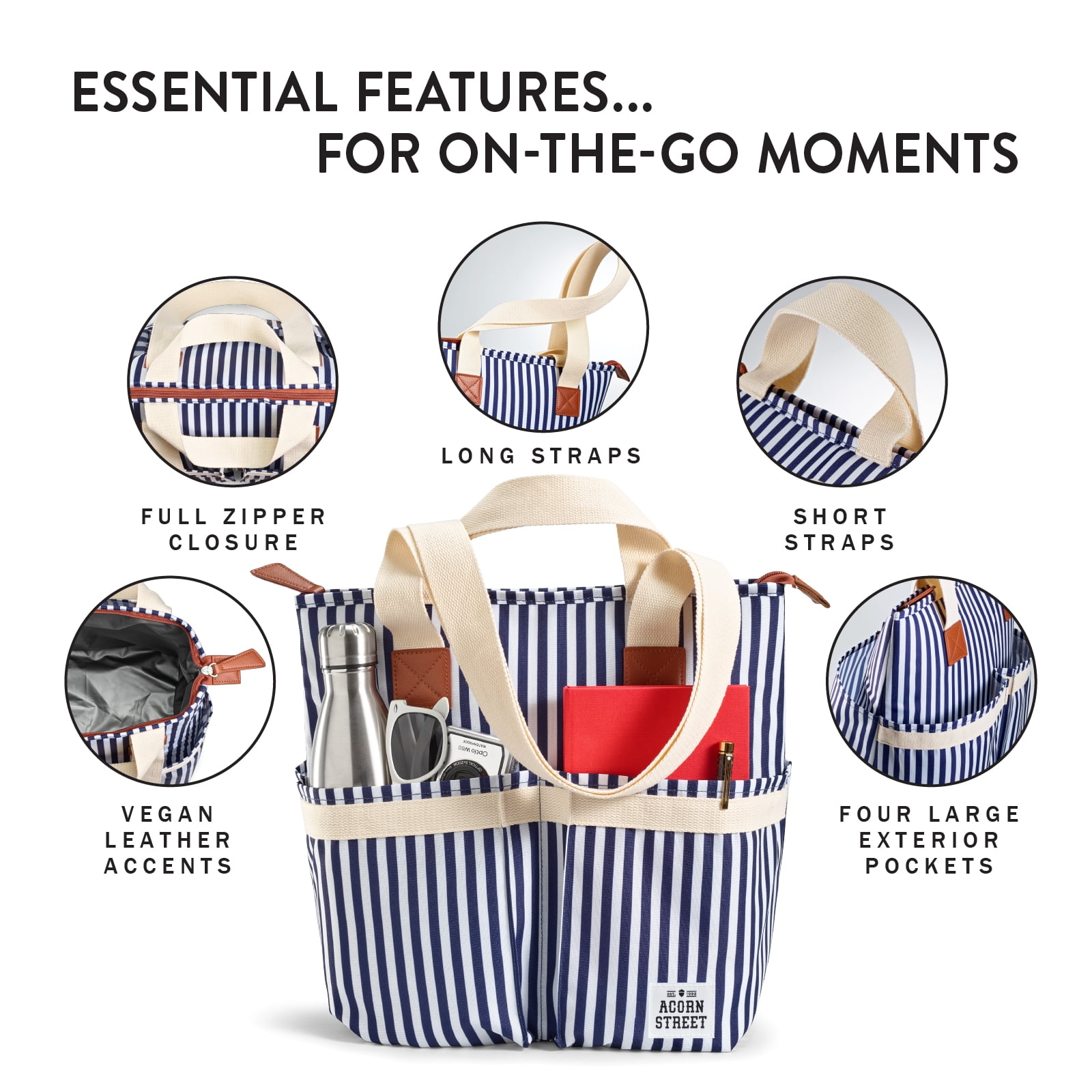 Acorn Street Insulated Cooler Tote Bag with Removable Divider, Navy Vineyard Stripe