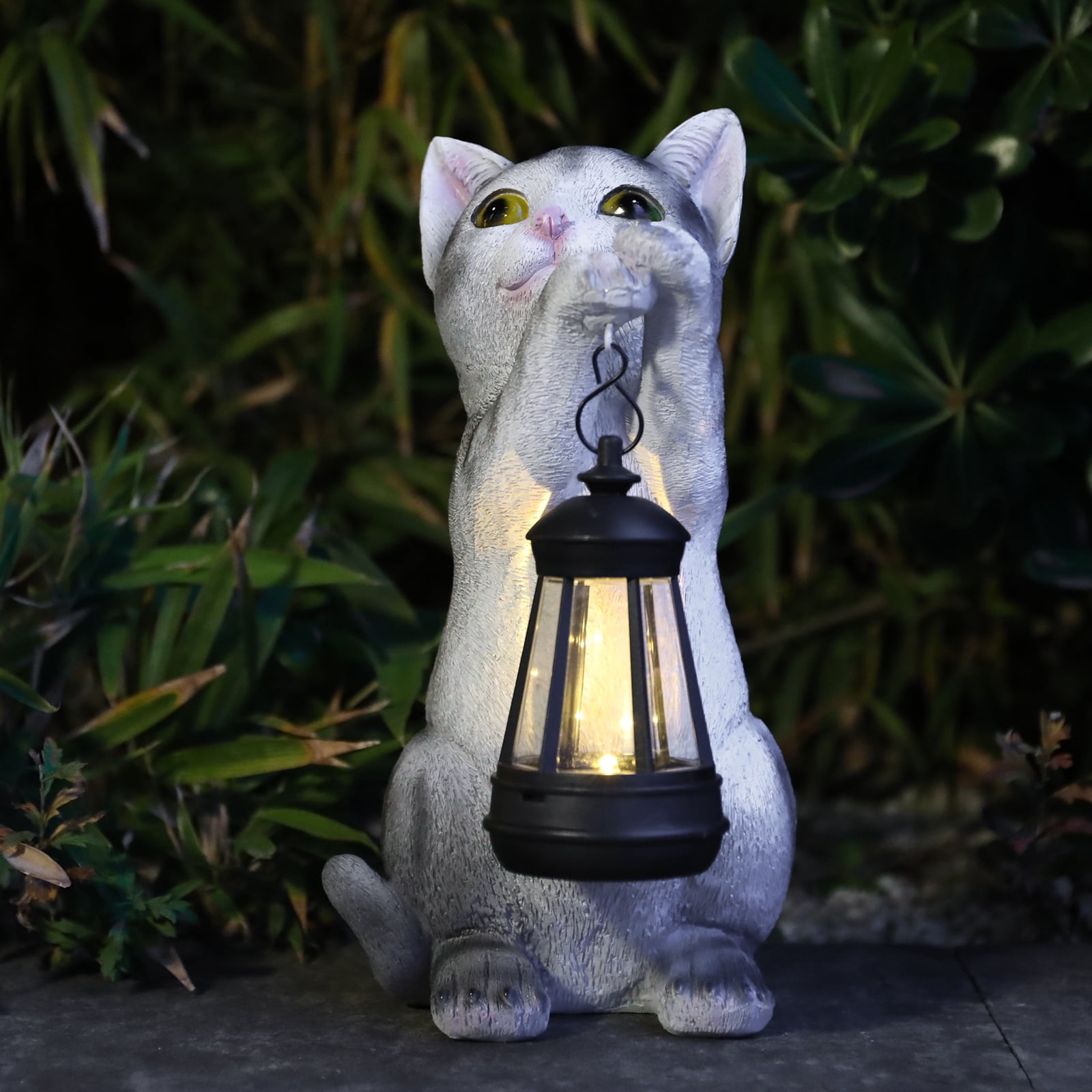 10 Inch Cat Garden Statue with Solar Lantern,Solar Statue,Resin Decor for Patio, Lawn & Outdoor Spaces