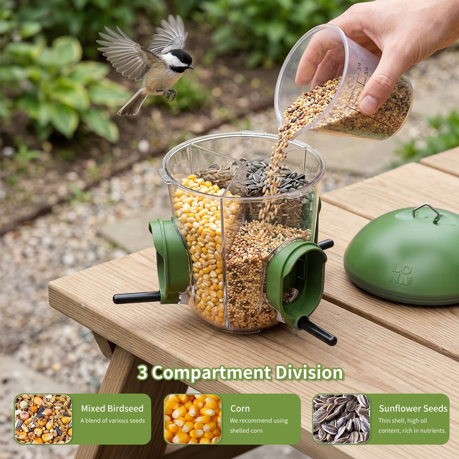 LONA Outdoor Tube Bird Feeder, 3-Compartment Hanging Bird Feeder with Weatherproof Dome & 3 Feeding Ports (Green)