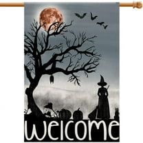 Welcome Halloween House Flag 28x40 Inch Double Sided Burlap Large Witch Pumpkin Flag Outside Porch Decor Halloween Yard Decoration DF110-28