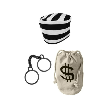 Prisoner Hat Bank Money Bag Shackles Convict Jailbird Inmate Jail Costume Kit