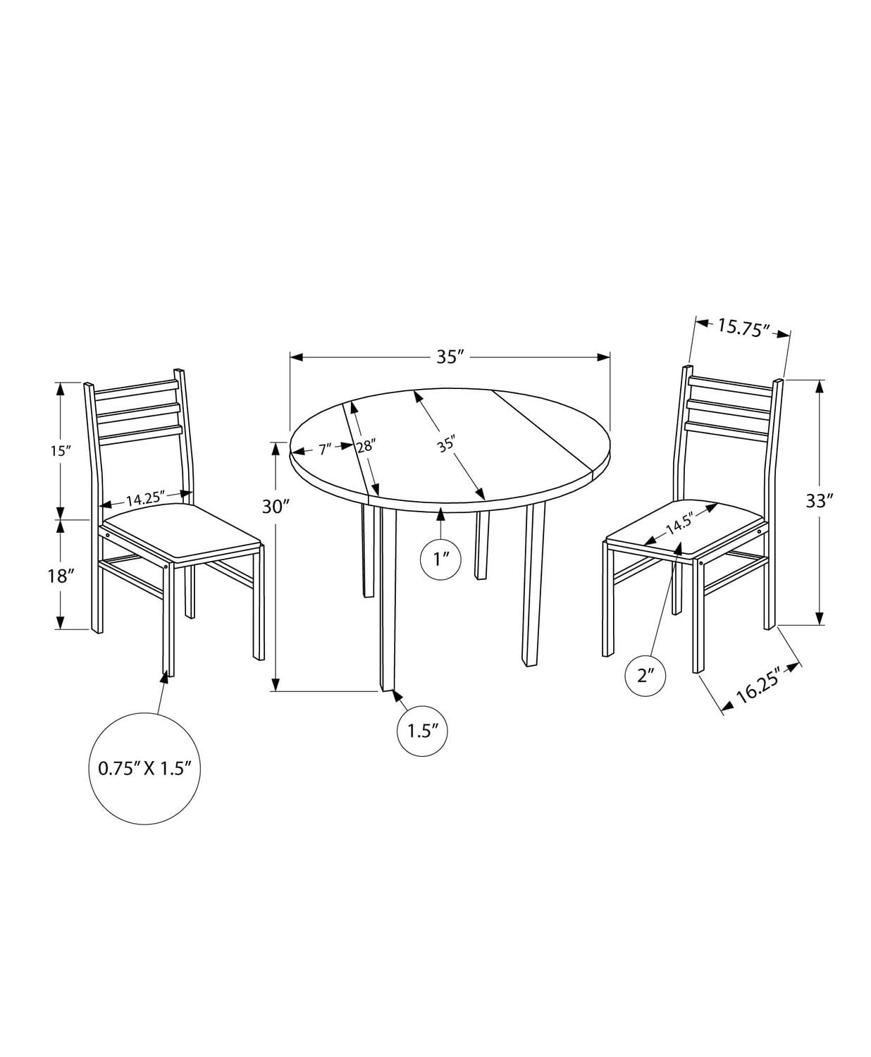 Monarch Specialties Ensemble De Table À Manger, Ensemble 3pcs, Petit, Tablette Rabatante 35", Cuisine, Métal, Stratifié, Brun, Noir, Contemporain, Moderne