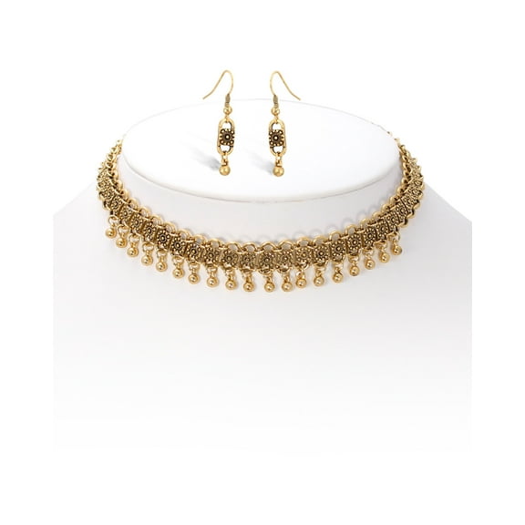 TAZZA WOMEN'S OXIDIZED ANTIQUE LOOK VINTAGE BOHO ETHNIC GOLD METAL EARRINGS AND CHOKER NECKLACE SET