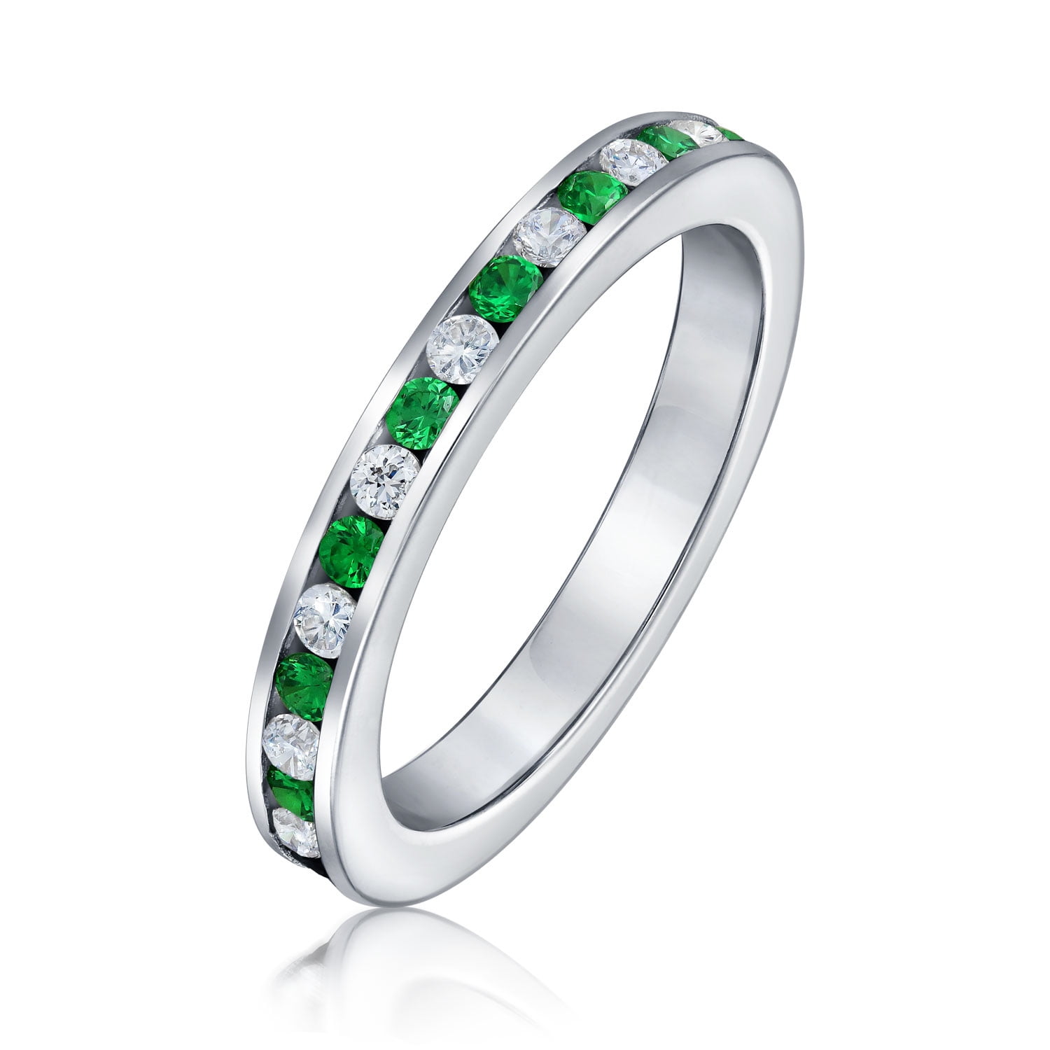 Solid .925 Sterling Silver Green & White CZ Eternity Band