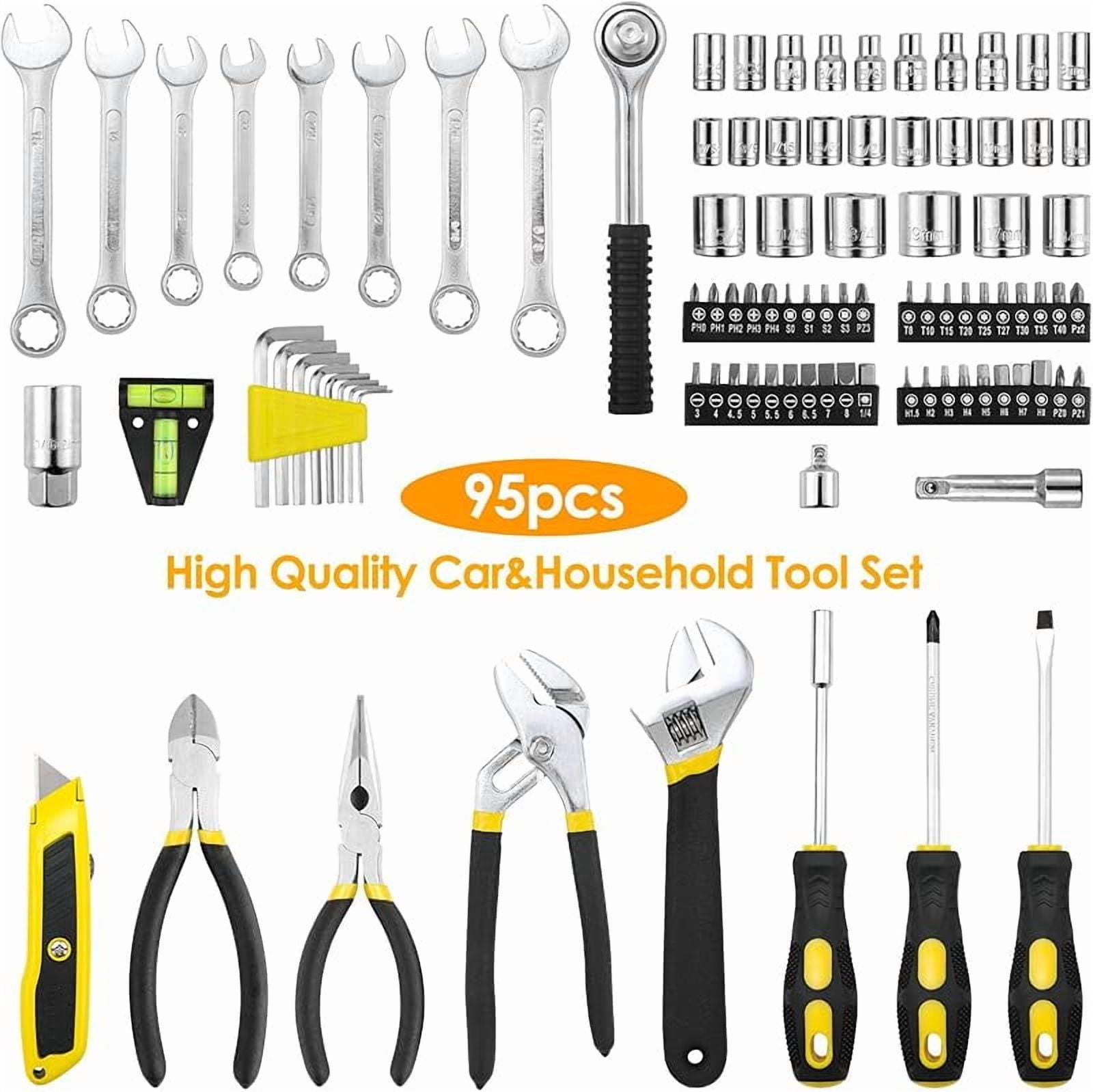 95 Piece Tool Set, Tool Kit, Mechanics Tool Set, Portable Toolbox with Adjustable Wrench Pliers Socket Bits, with Plastic Toolbox, for House Apartment Garage (Red)
