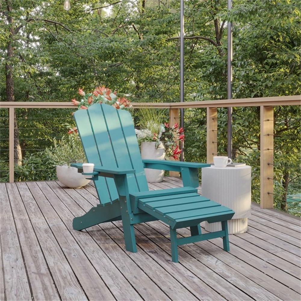 Pemberly Row Adirondack Chair with Pullout Ottoman & Cupholder in Blue