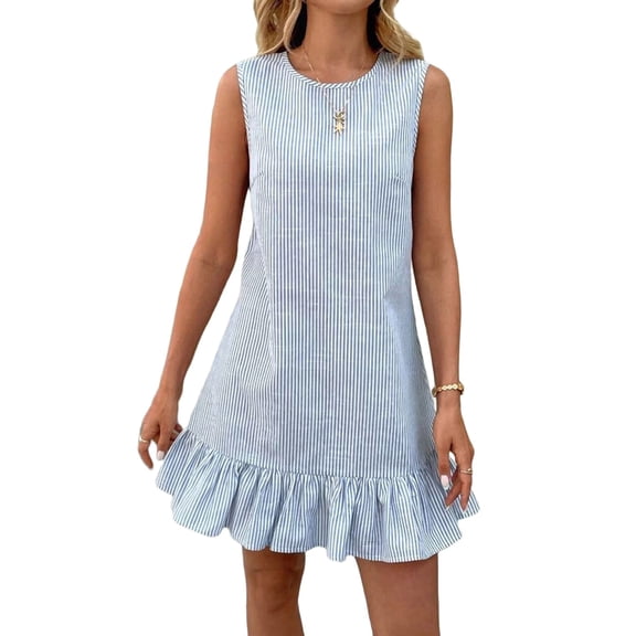 Women'S Striped Print Sleeveless Ruffle Tunic Dress Summer Swing Flowy Mini Dresses S