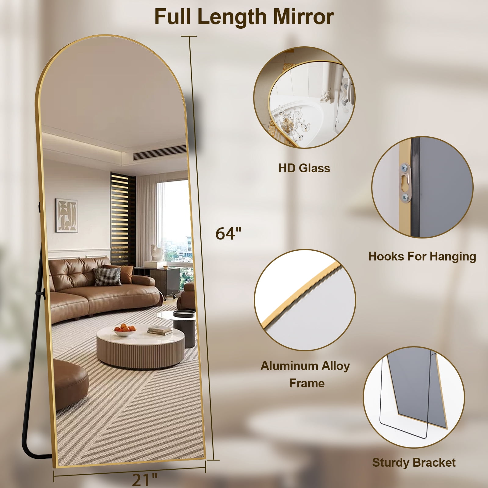 AUROMIR 21"x64" Arched Full Length Mirror Standing Floor Mirror, Gold