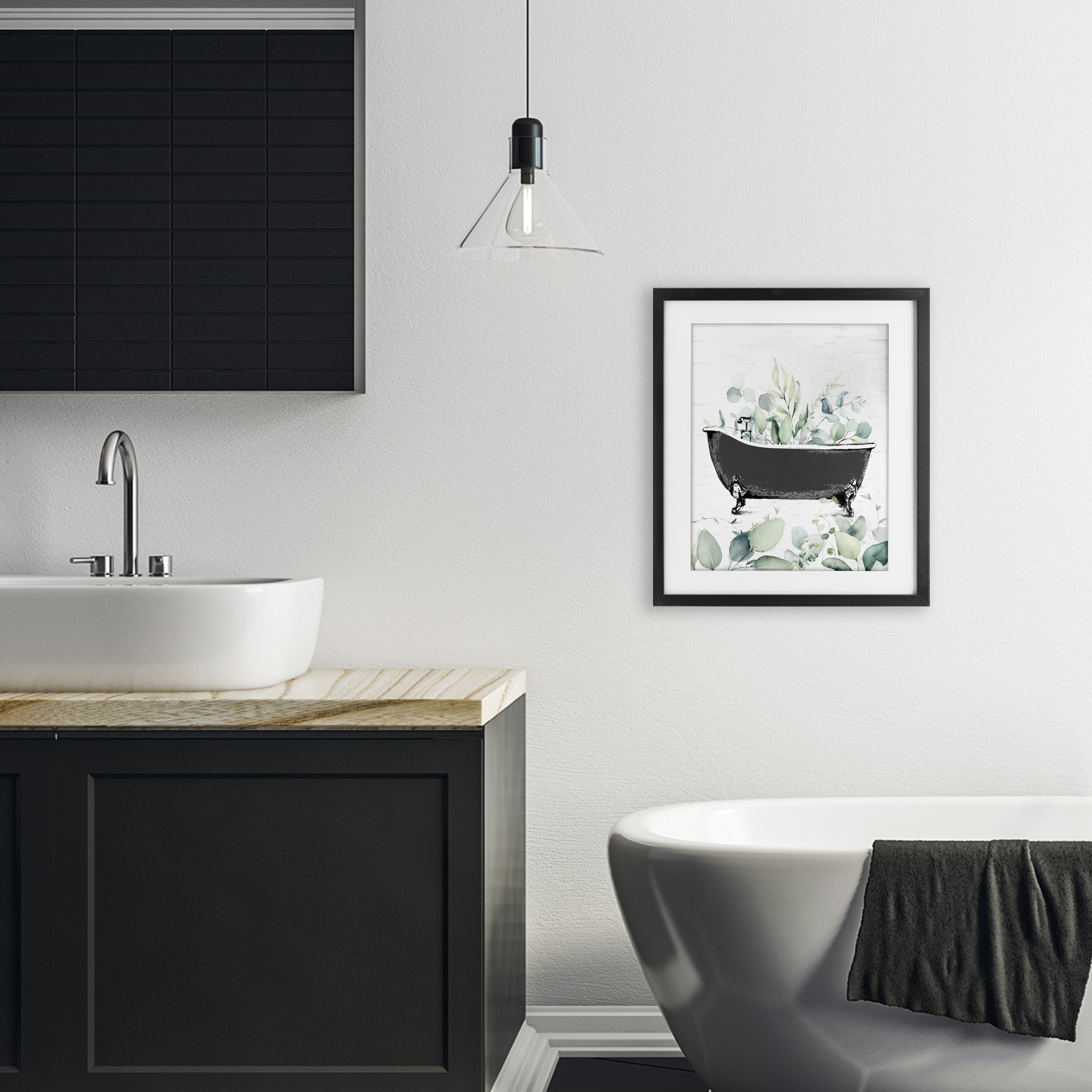 Eucalyptus Leaves Bathtub Black Framed Print Under Glass, design by Lettered and Lined
