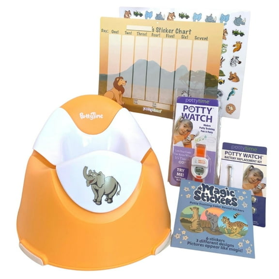 Potty Time Party Pack - Includes Potty Watch, Potty Training Seat, Easy to Peel Magic Color Reveal Stickers Reward Chart & Replacement Battery for Kids - (Orange, Potty Party Pack)