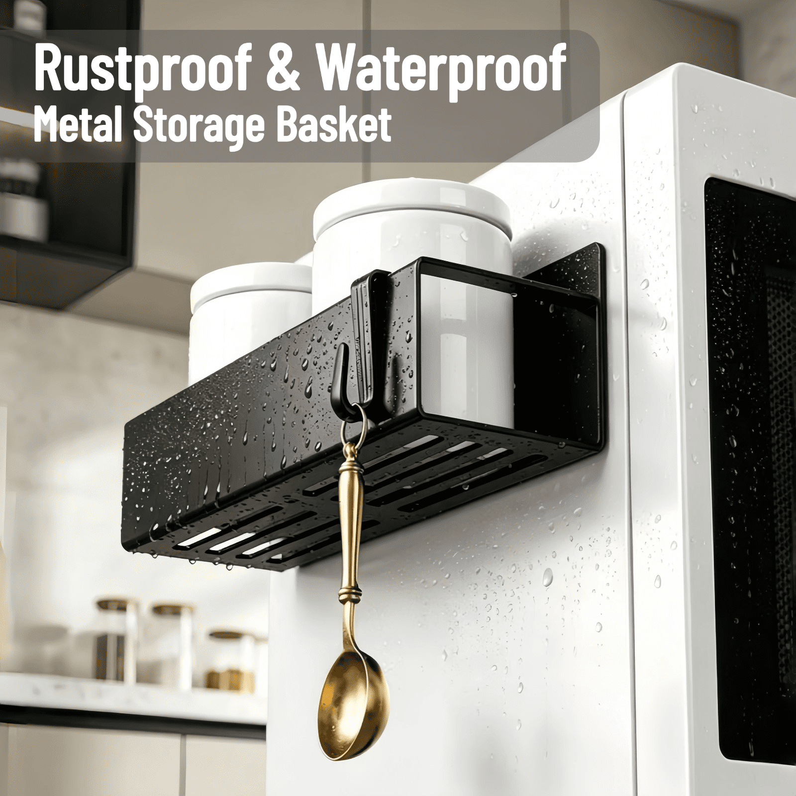 Set of 6 Magnetic Metal Rack for Refrigerator Side Black, Kitchen Storage Shelf with Hooks – Holds Jars, Bottles, Cans – Space-Saving Fridge Organizer