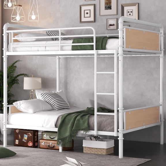 QJTC Bunk Bed Twin XL over Twin XL, Heavy Duty Metal Bunkbeds with Ladder and Full-Length Guardrail, Convertible into 2 Individual Beds for Teens, Under-Bed Storage Space