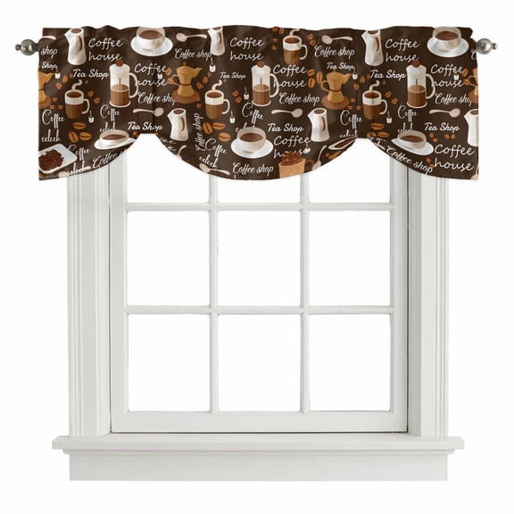 Tie Up Valances for Windows, Coffee Adjustable Valance Curtains Window Treatment for Living Room/Bedroom, Brown Retro Coffee Theme Beans Latte Tea Cup Rod Pocket Kitchen Curtains & Drapes 42x12 Inch