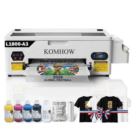 L1800 A3 DTF Printer, Direct to Film Transfer Printing Machine for T-Shirts & All Fabrics, DIY Custom Apparel Heat Transfer Printer with RIP Software & Starter Supplies