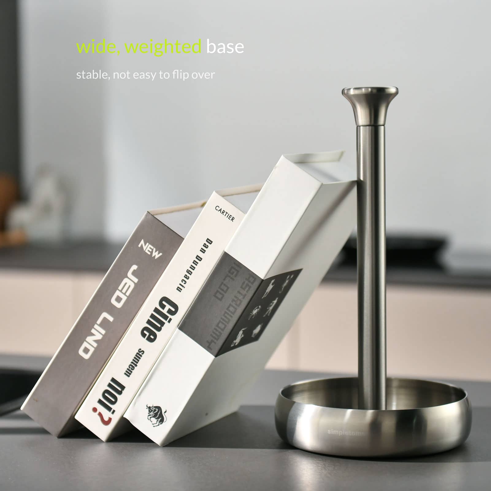 simpletome Paper Towel Holder Countertop ONE HAND Tear Keep It Rolled Up Weighted Base