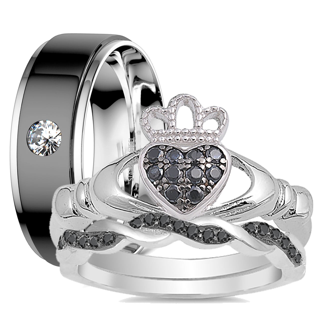 LaRaso & Co His and Hers Heart Claddaugh Trio Sterling Silver Black