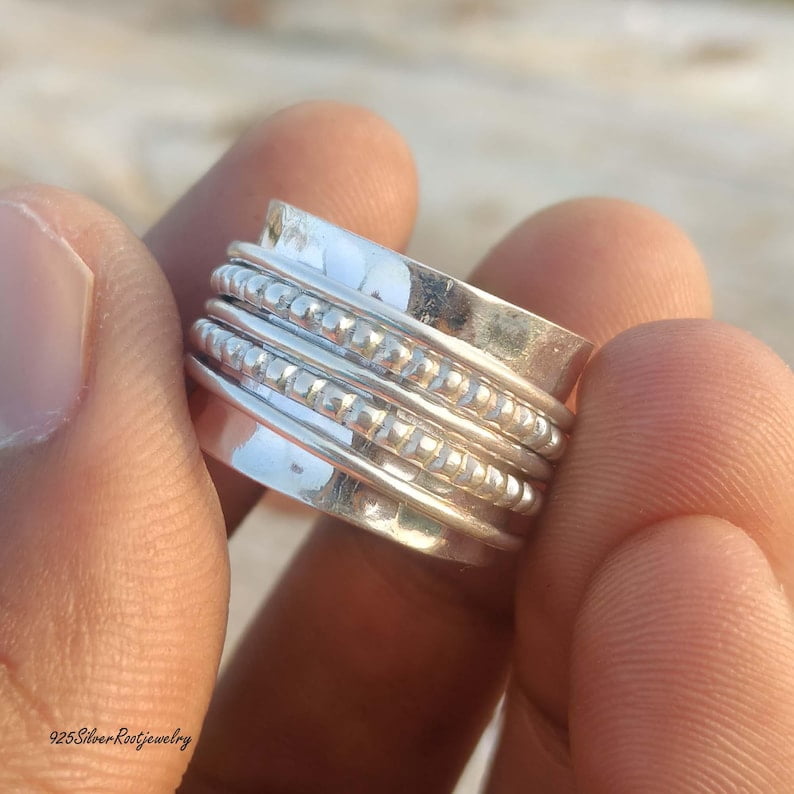 TRIDHA SILVER- Silver Fidget Spinner Ring - Wide Hammered Sterling Band With Textured Rope Meditation Design For Anxiety Relief & Unisex Minimalist Jewelry