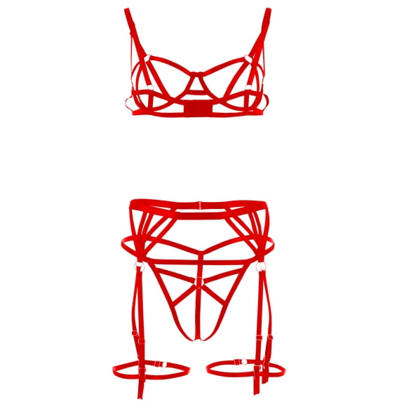 Strappy Underwire Bra And Garter Style Thong Set Adjustable Straps