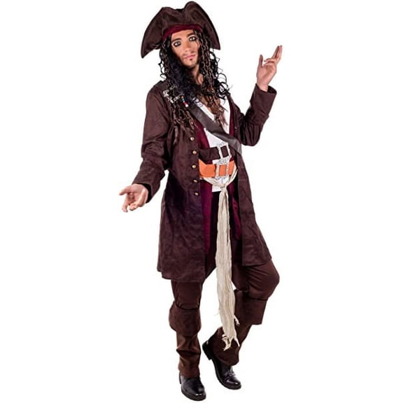Fun Shack Mens Caribbean Pirate Captain Costume Hat Wig Movie TV Fancy Dress Theme Party Brown L