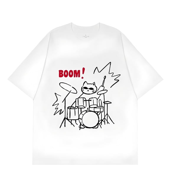 Creative hand-painted rock drum set, drumming cat, American men's and women's short sleeved T-shirt