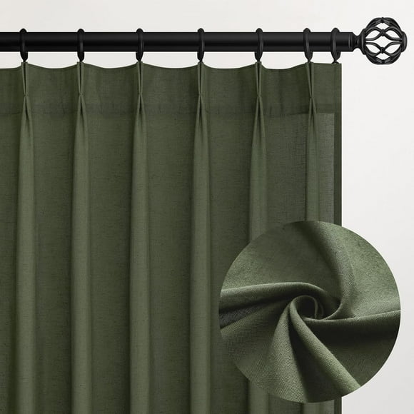 EcoNesxp 84" long back buckled boho spring home decor olive green linen curtains forest