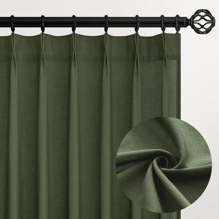 90 Inches Long Linen Curtains for Living Room 2 Panels Set,Back Tab Pinch Pleated Hooks Track System Olive Green Semi Sheer Window Curtain Drapes Bedroom,Modern Neutral Decor,40"x90"