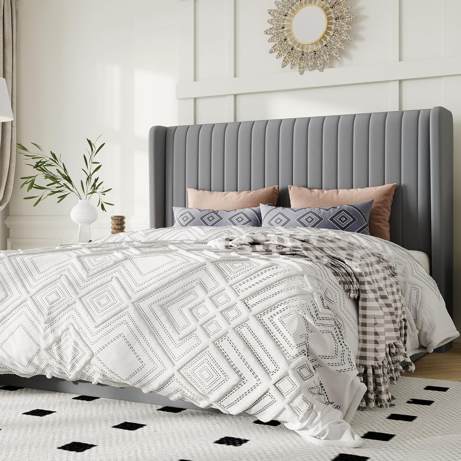 Allewie Full Size Lift Up Storage Bed Frame, Hydraulic Support System, Upholstered Platform Bed Frame, Vertical Channel Tufted Headboard with Wingback, Grey