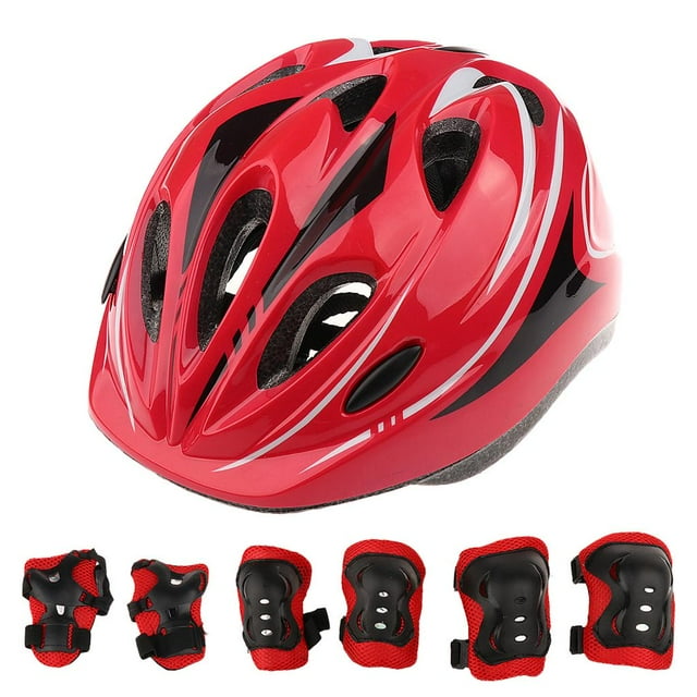 Ensemble d'Équipement de Protection Sportive pour Enfants, 7 Pcs (Genoux Coudières Protège-Poignets) Rouge