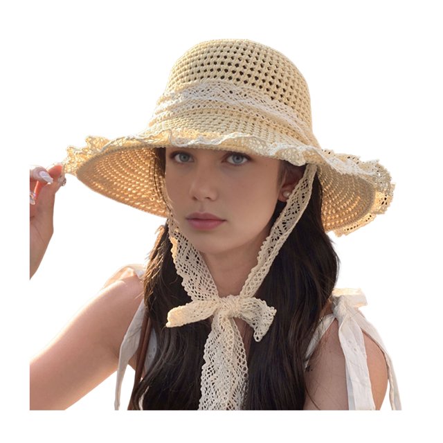 Sombrero de playa de paja natural de alta densidad con protección solar, ala ancha y diseño abovedado, lazo de encaje y detalles de perlas de imitación. Sombrero de verano.