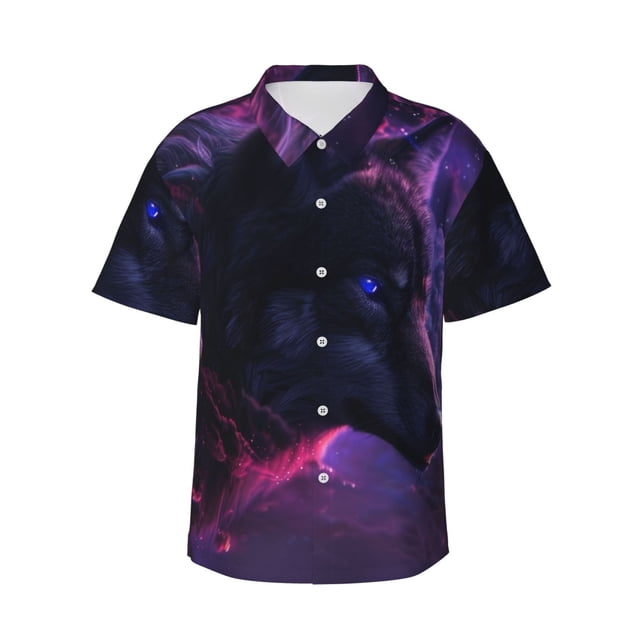 Balery Galactic Wolf Stare Camisas hawaianas de manga corta para hombre, camisas playeras de corte holgado, camisas de vacaciones con botones,Small