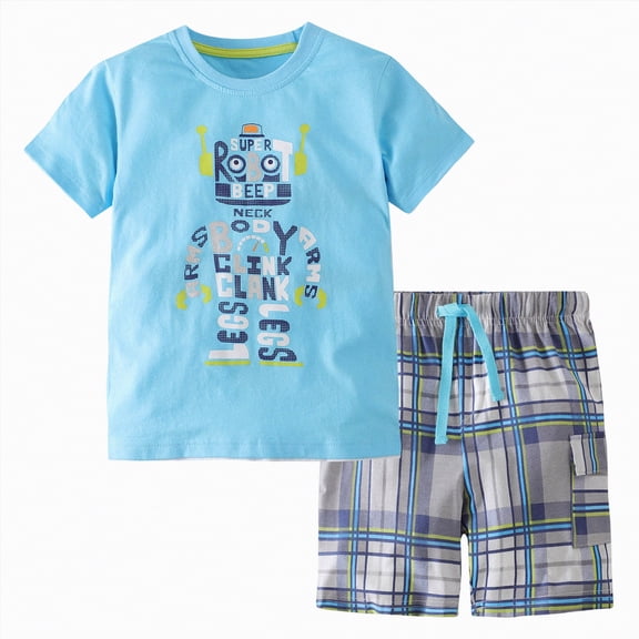 TOWED22 Infant Toddler Baby Boy Outfits 2pcs Round Neck Short Sleeve Tee Casual Drawstring Shorts Truck Print Clothes(Sky Blue,2-3 Y)