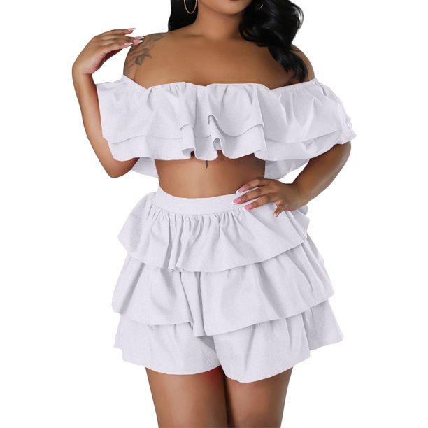 Top corto para mujer + Pantalones cortos 2 piezas Top con hombros descubiertos con volantes + Conjuntos de pantalones cortos (Blanco L) Tmvgtek Para estrenar