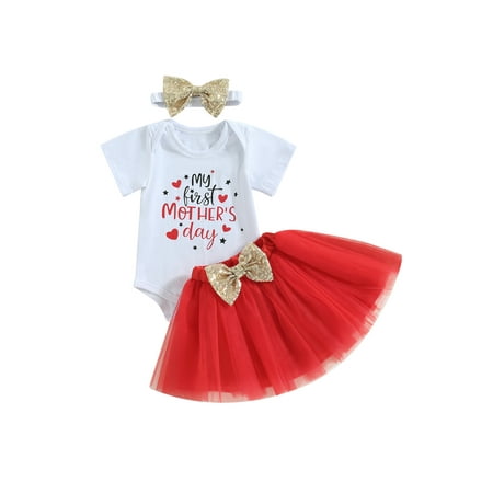 

3Pcs/Set Newborn Infant Baby Girl First Mother s Day Outfit Romper +Bowknot Tutu Skirt+Headband Summer Clothes