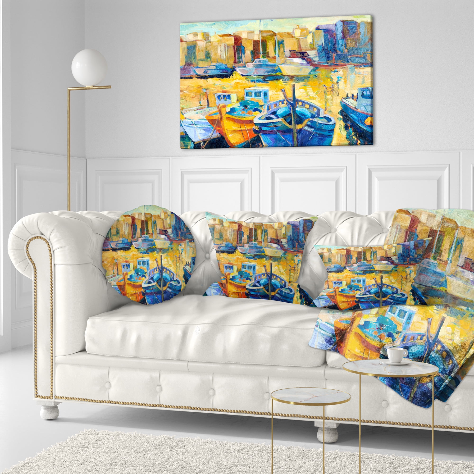 Designart Wharf and Boats - Seascape Throw Pillow - 12x20