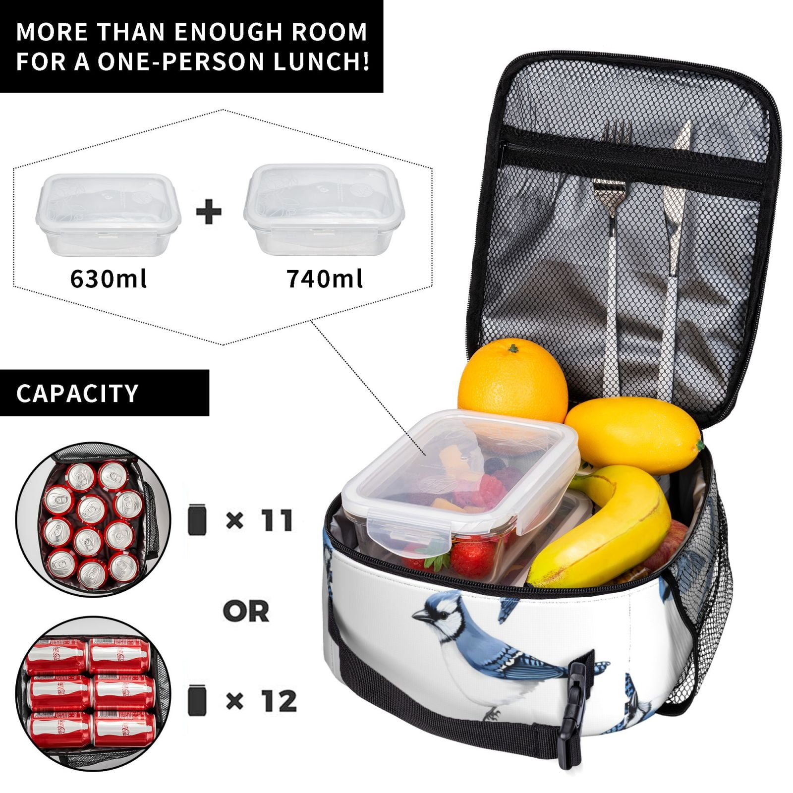 Lunch Bag For Women Men Insulated Portable Lunch Box Bento Box Office Picnic Travel Cooler Bag Blue-And-White Bird