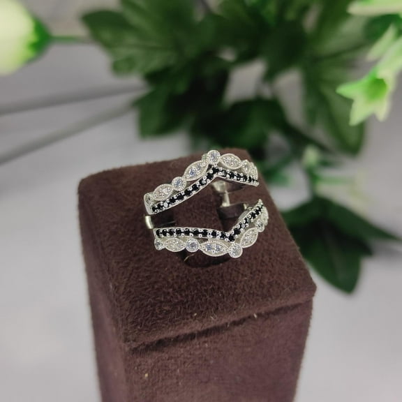Bluebell Jewels Vintage Black & White CZ ring enhancer for women 925 Sterling Silver Ring Jacket Matching Bridal Ring Guard Anniversary Gift For Her
