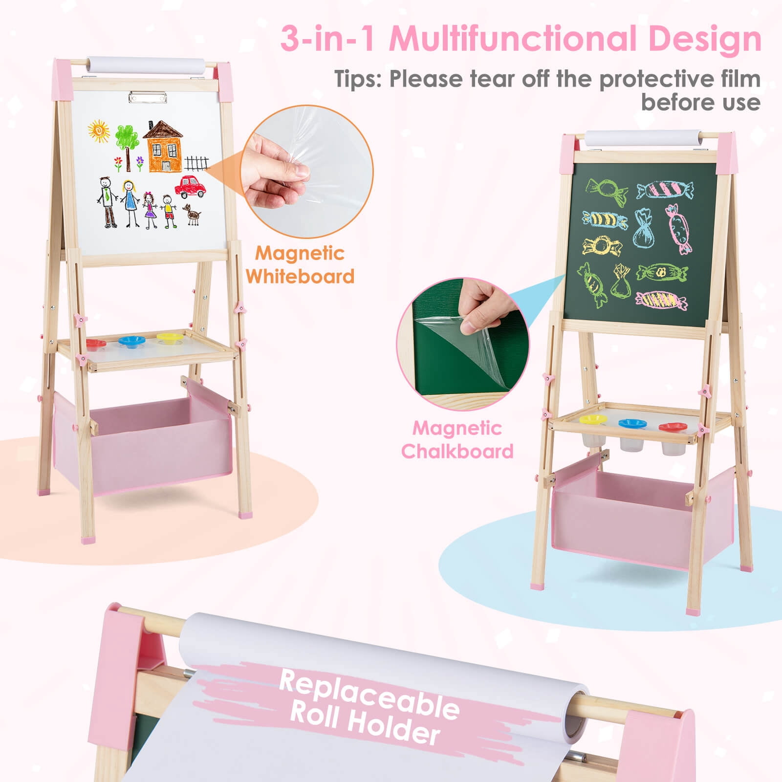 Costway 3-in-1 Kids Art Easel Double-Sided Wooden Adjustable Magnetic Drawing Board Pink