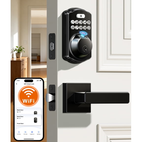 Veise VE012W-L WiFi Fingerprint Deadbolt Lock with Handle Set, Matte Black Built-in WiFi, APP Remote & Voice Control, Real-time Alert, Smart Keyless Entry for Front Door, Back-Lit Keypad, Auto Lock
