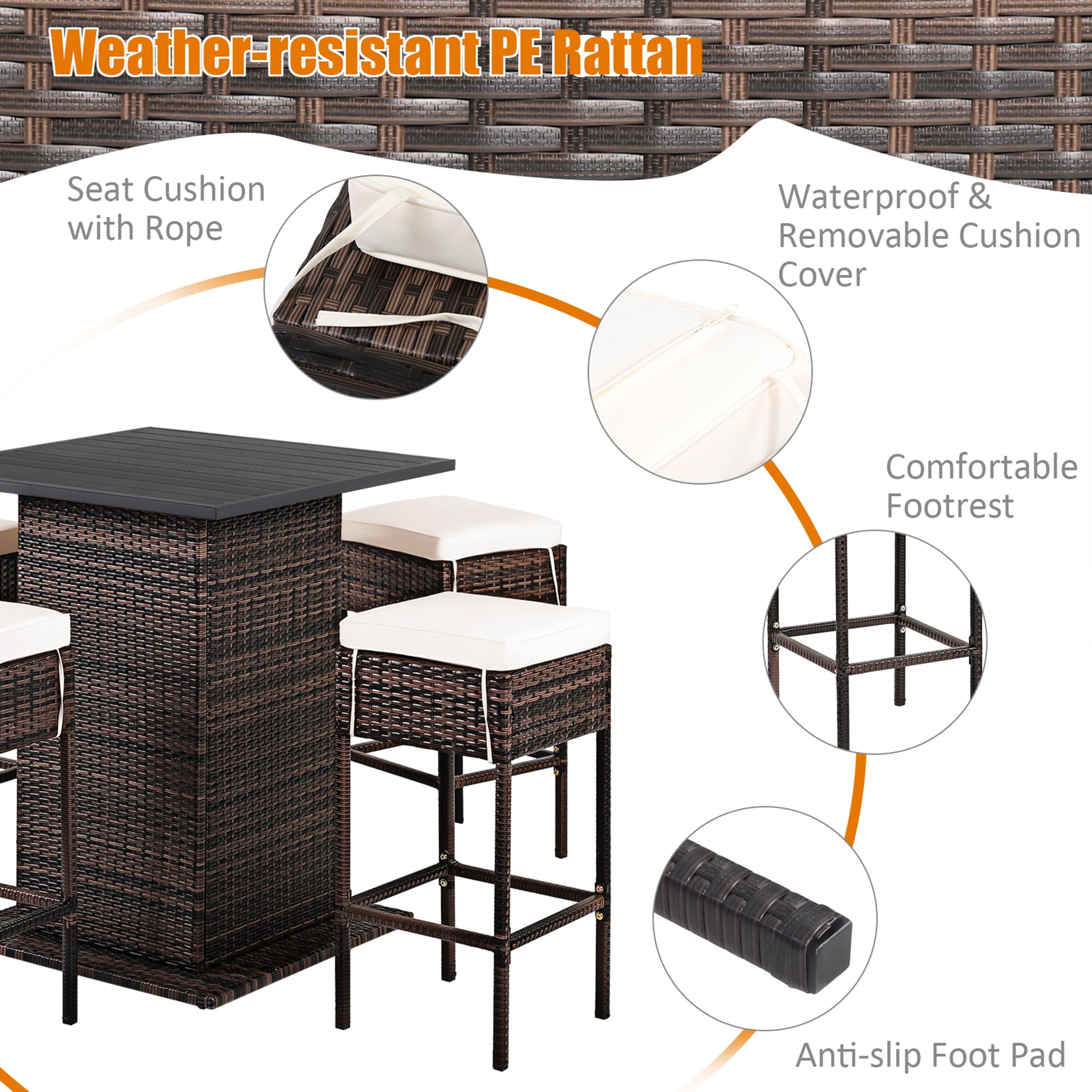 Gymax 5PCS Patio Bar Set Rattan Bar Furniture Set w/ Table & 4 Cushioned Stools