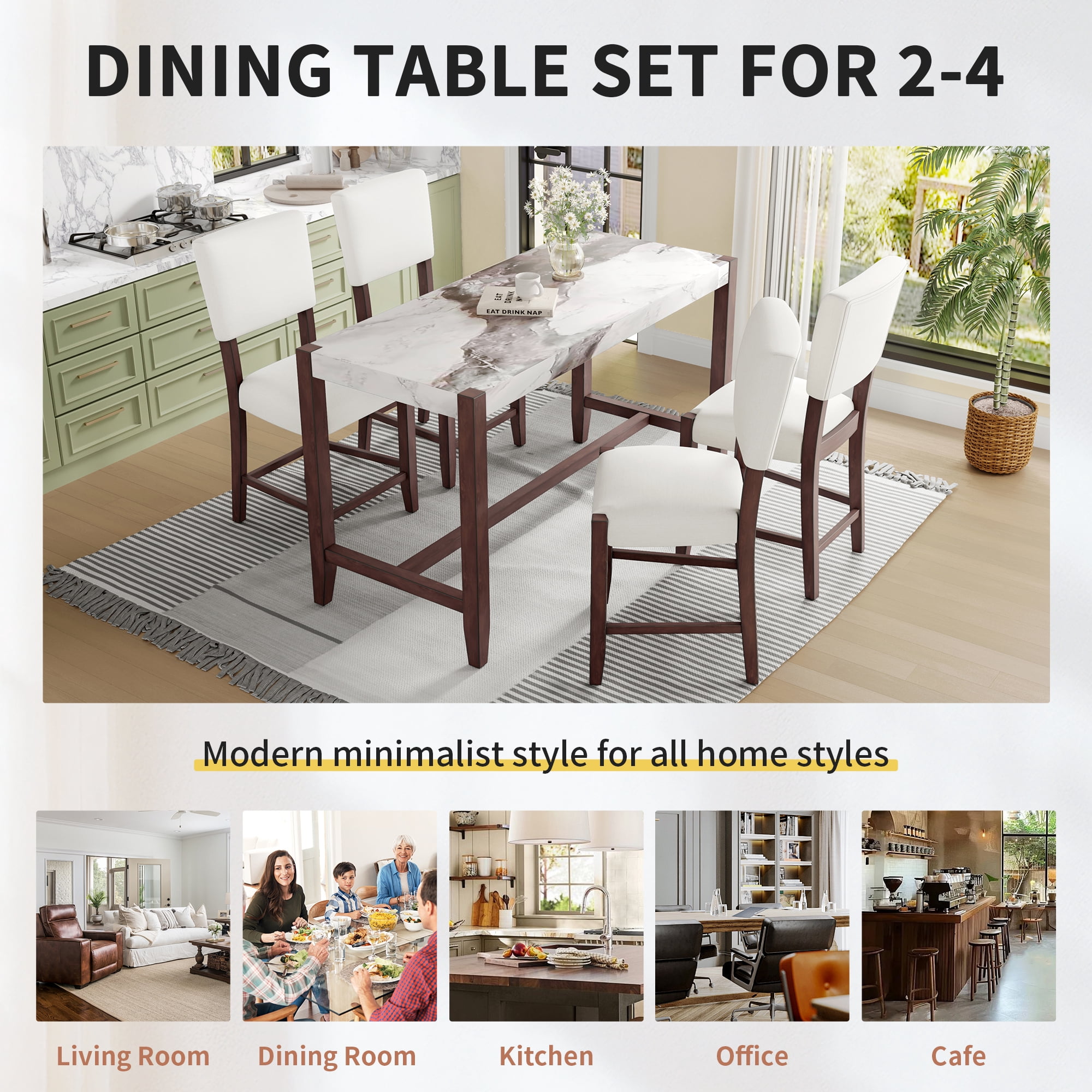 Euroco 3-Piece Counter Height Dining Table Set for 2, 47" Faux Marble Bar Table with 4 Upholstered Chairs and Solid Wood Frame,Mid-century Modern Dining Set for Dining Room,Perfect for Small Spac