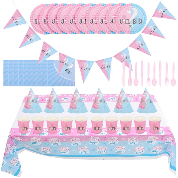 KAKOWELY 1 juego de decoraciones para fiesta de revelación de género, vajilla para niño o niña, mantel y pancarta.