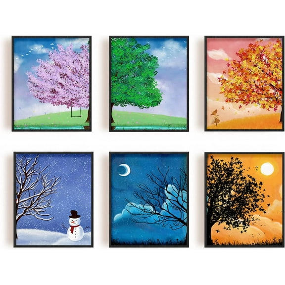 1 Set 6PCS Four Seasonal Scenery Wall Art Prints Morning Evening Scenery Wall Art Canvas Poster Sun Moon Unframed Canvas Prints Wall Art for Living Room Home Decor