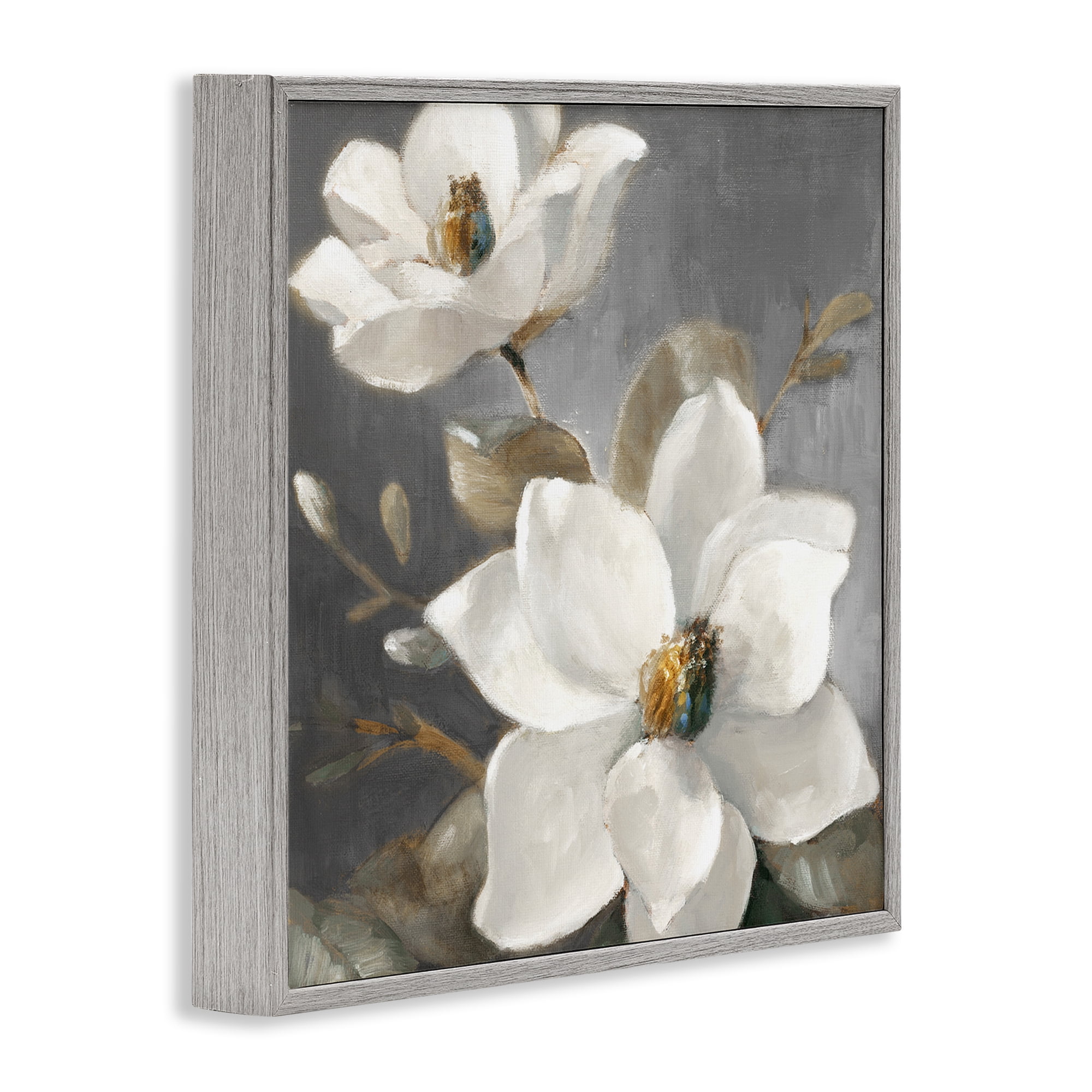 Stupell Industries Magnolias on Grey Botanical & Floral Painting Gray Framed Art Print Wall Art, 12 x 12