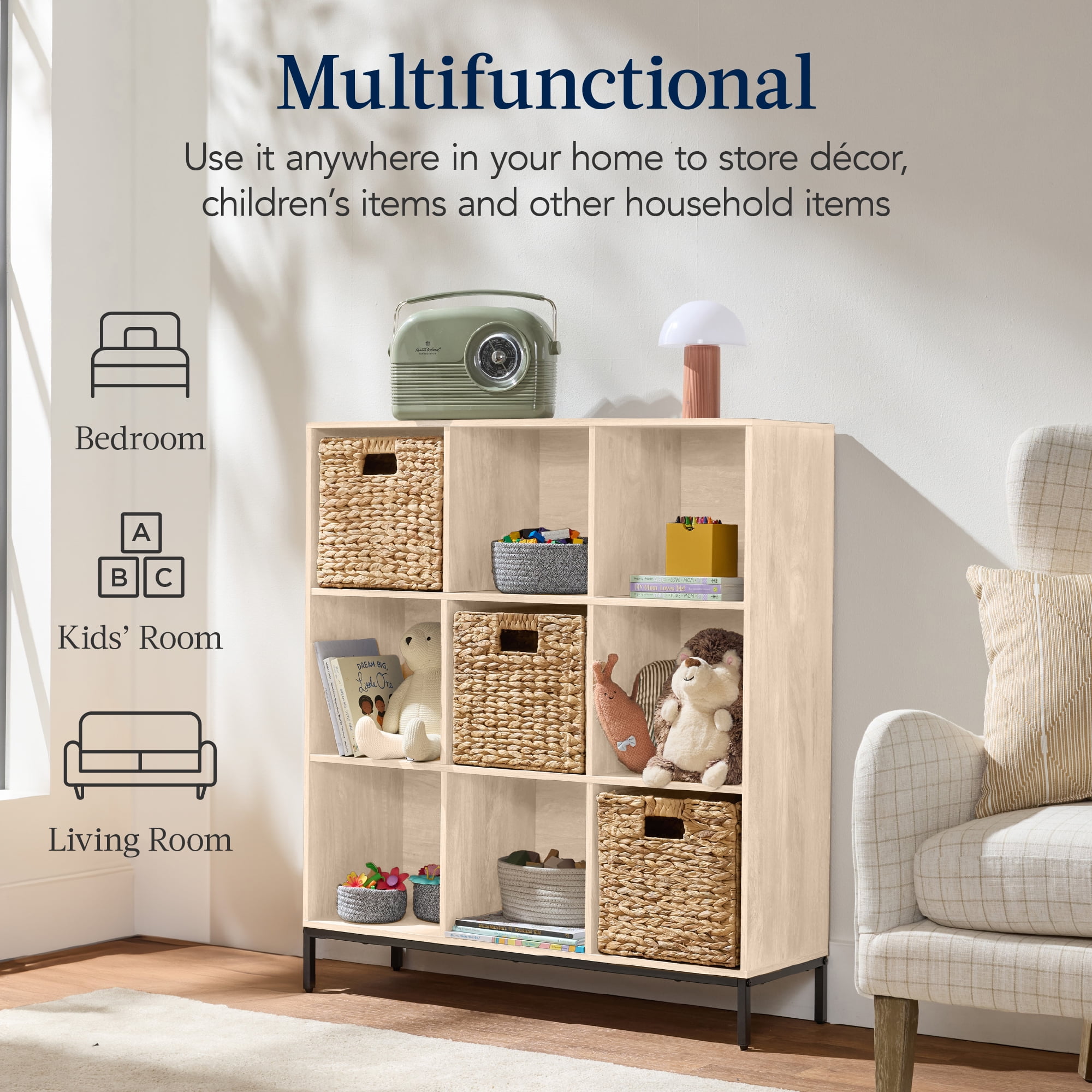 Best Choice Products Elevated 9-Cube Storage Organizer, 11in Shelf, Bookcase, Display Shelf, w/ Metal Legs  Light Oak