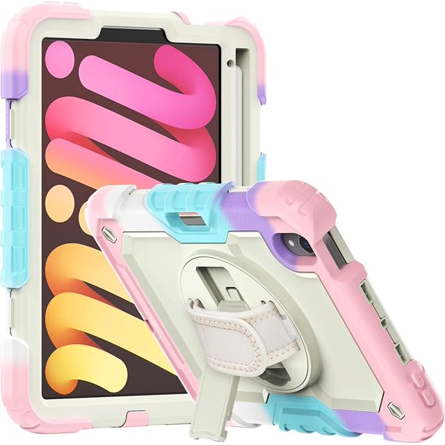 navor Rugged Cover Compatible with iPad Mini 6 (2021), Rotatable Kickstand Shoulder & Hand Strap Shockproof Heavy Duty Protective Case