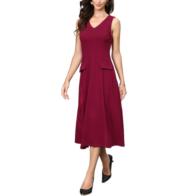 INSPIRAR CHIC Vestidos de Oficina para Mujeres 2025, Vestido Midi de Trabajo Sin Mangas con Cuello Mock, Color Rojo Profundo